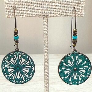 NWOT Dangle Earrings Patina Verdigris Filigree Boho Festival Beaded Southwestern